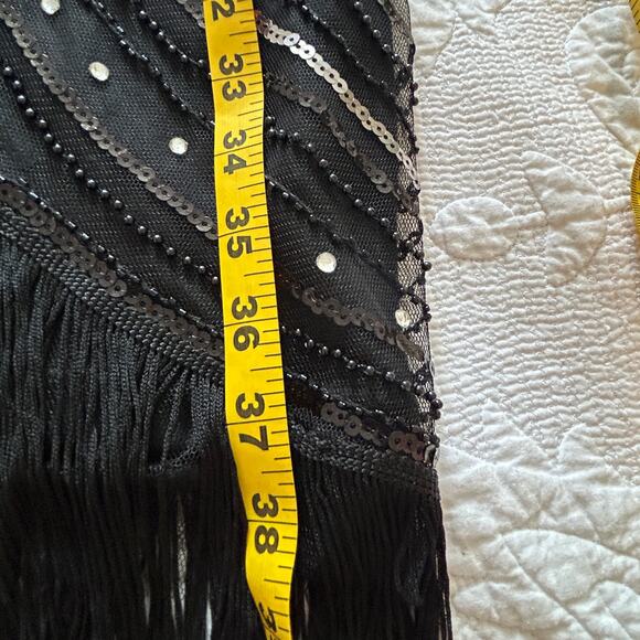 Pretty Guide 2XL Black Bead Silver Sequin Dress Cap Sleeve Fringe Bottom Lined - Picture 4 of 16